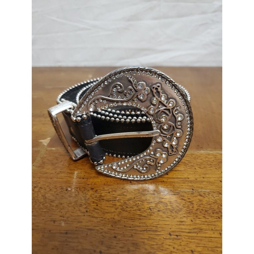 Chico's Black Leather Belt Rhinestone Studded Embossed Buckle Women's Medium